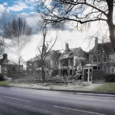 modern photo of Aylsham road with old photo of bomb site overlaid